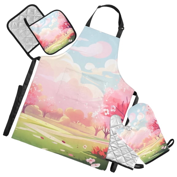 Path in Cherry Blossom Forest 5 Pcs Kitchen Set Heat Resistant Oven Mitts and Non-Slip Pot Holders with Adjustable Cooking Apron