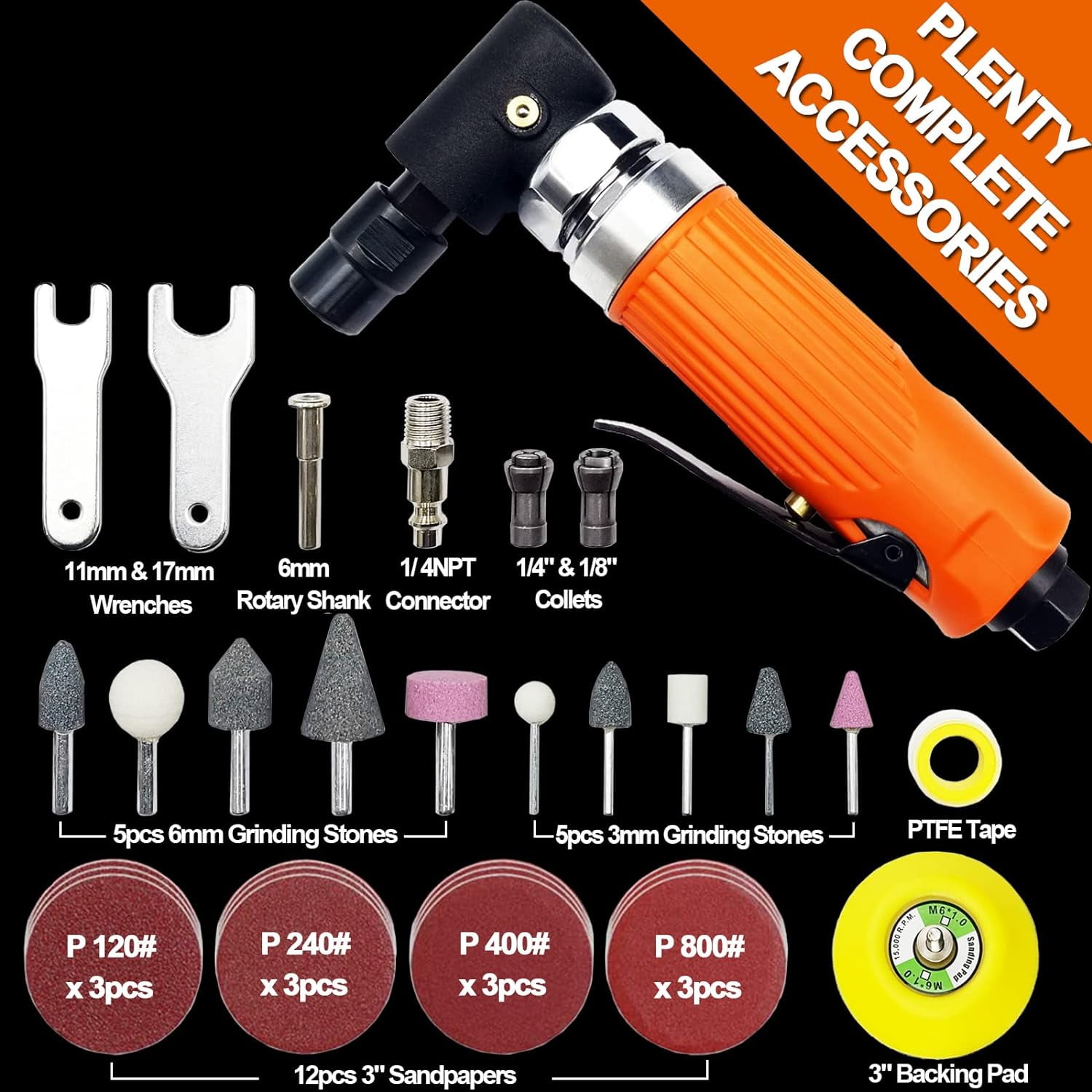 1/4" Mini Air Die Grinder Kit Right Angle 90 Degree Pneumatic Sander 20,000RPM High-power Model with 1/4"(6MM) and 1/8"(3MM) Collets for Grinding, Polishing and More