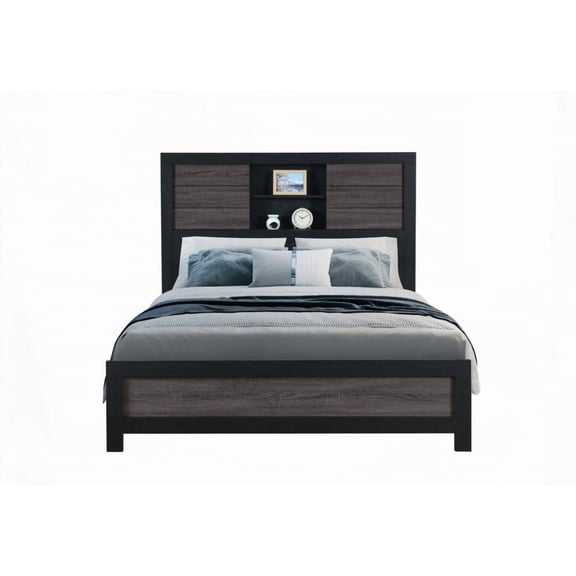 SOLUTO Grey & Black Bookcase King Bed - Black With Rustic Gray Wood Inlay, Urban Farmhouse Design
