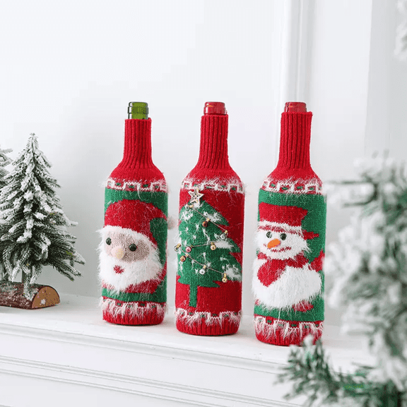 3-piece Set Knitted Santa Snowman Champagne Wine Bottle Covers: Charming Holiday Decor for Festive Table Arrangements!