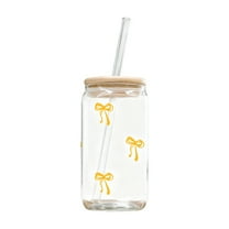 16OZ Cute Pink Bow Glass Cups with Lids and Straws, Iced Coffee Cup, Girly Preppy Design Tumbler Mug, Birthday Valentines Christmas Gifts for Women, Teen Girl Gifts Trendy Stuff