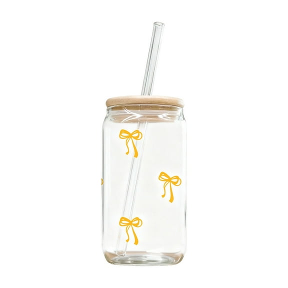 16OZ Cute Pink Bow Glass Cups with Lids and Straws, Iced Coffee Cup, Girly Preppy Design Tumbler Mug, Birthday Valentines Christmas Gifts for Women, Teen Girl Gifts Trendy Stuff