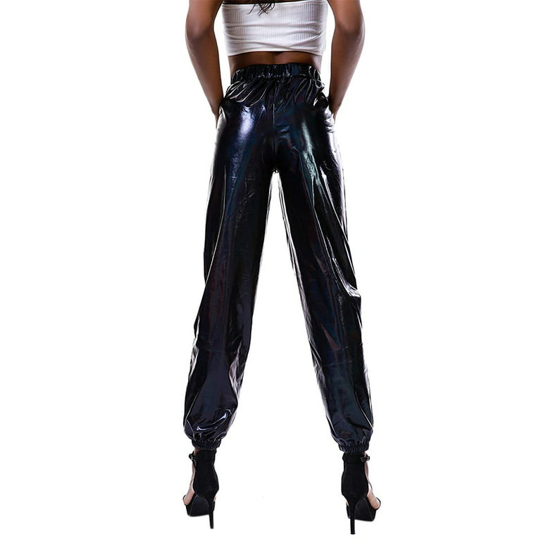 Musuos Women Shiny Metallic Jogger Pants, High Waist Stretchy