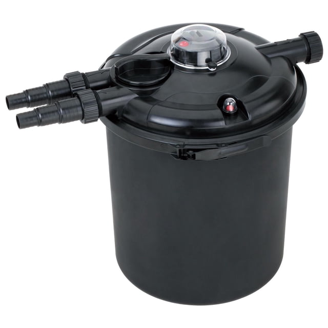 Angelo Décor black biological pressure filter for up to 2500 gallons, featuring an 18 watt UV clarifier and multiple hose connectors.