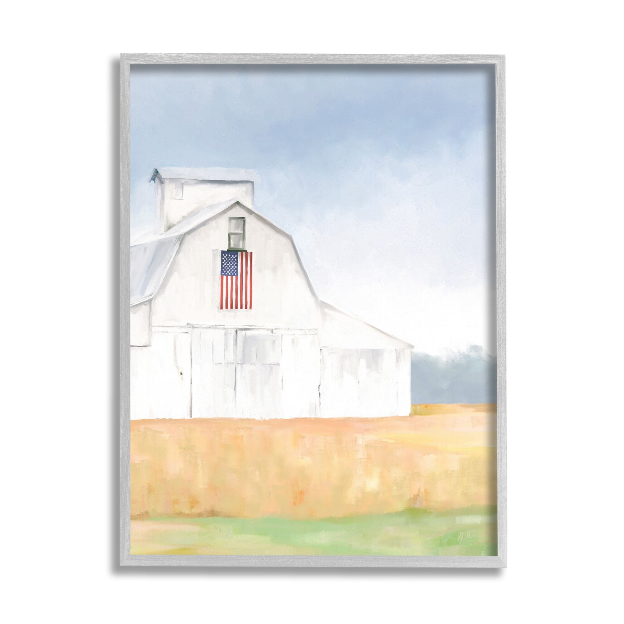 Stupell Industries American Flag White Country Barn Rural Scenery Painting Gray Framed Art Print Wall Art, Design by Amy Hall