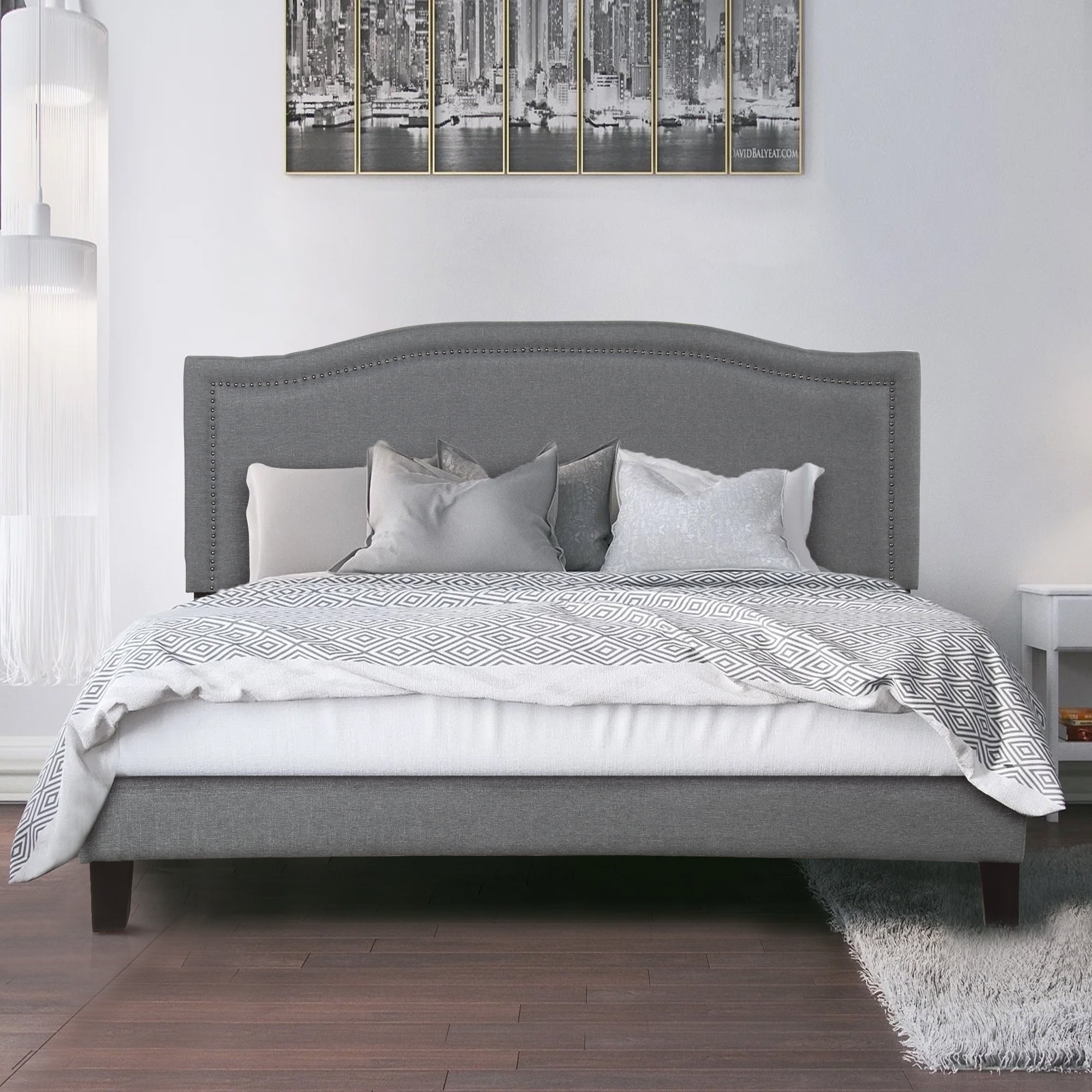 Harper & Bright Designs Upholstered Standard Bed with Headboard and Nailhead Detail, Gray, King