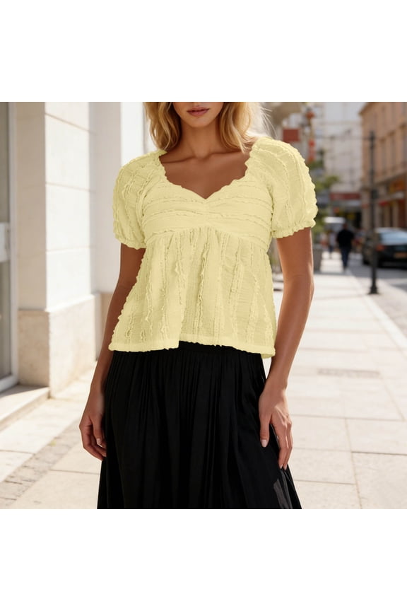 Womens Boho V Neck Short Puff Sleeve Blouse Textured Empire Waist Ruffle Hem Top Flattering Tunic Loose Fit Summer Casual Pleated Peplum Shirt Yellow,S