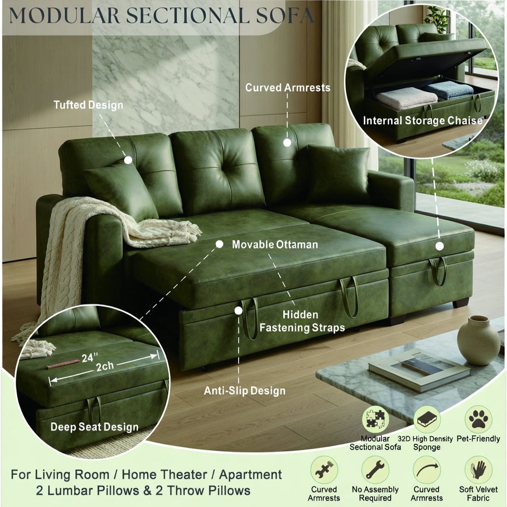 Hommoo L-Shaped Sleeper Sectional Sofa with Pull-Out Bed, Reversible Chaise & Hidden Storage, Convertible Living Room Furniture for Small Spaces, Olive Green