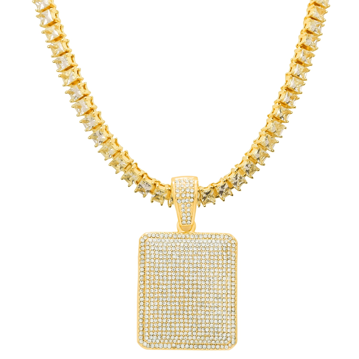 White Gold-Tone Iced Out Hip Hop Bling Rectangle Dog Tag Pendant 1 Row Square Cubic Zirconia Princess Cut Stones Tennis Chain 18 Necklace Choker Chain