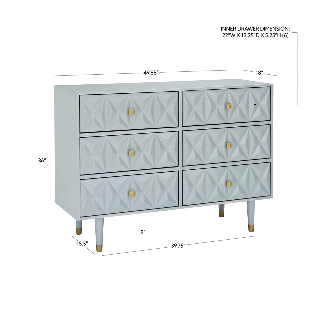 Linon Alick Wood Geo Texture 6 Drawer Dresser with Gold Hardware in Gray