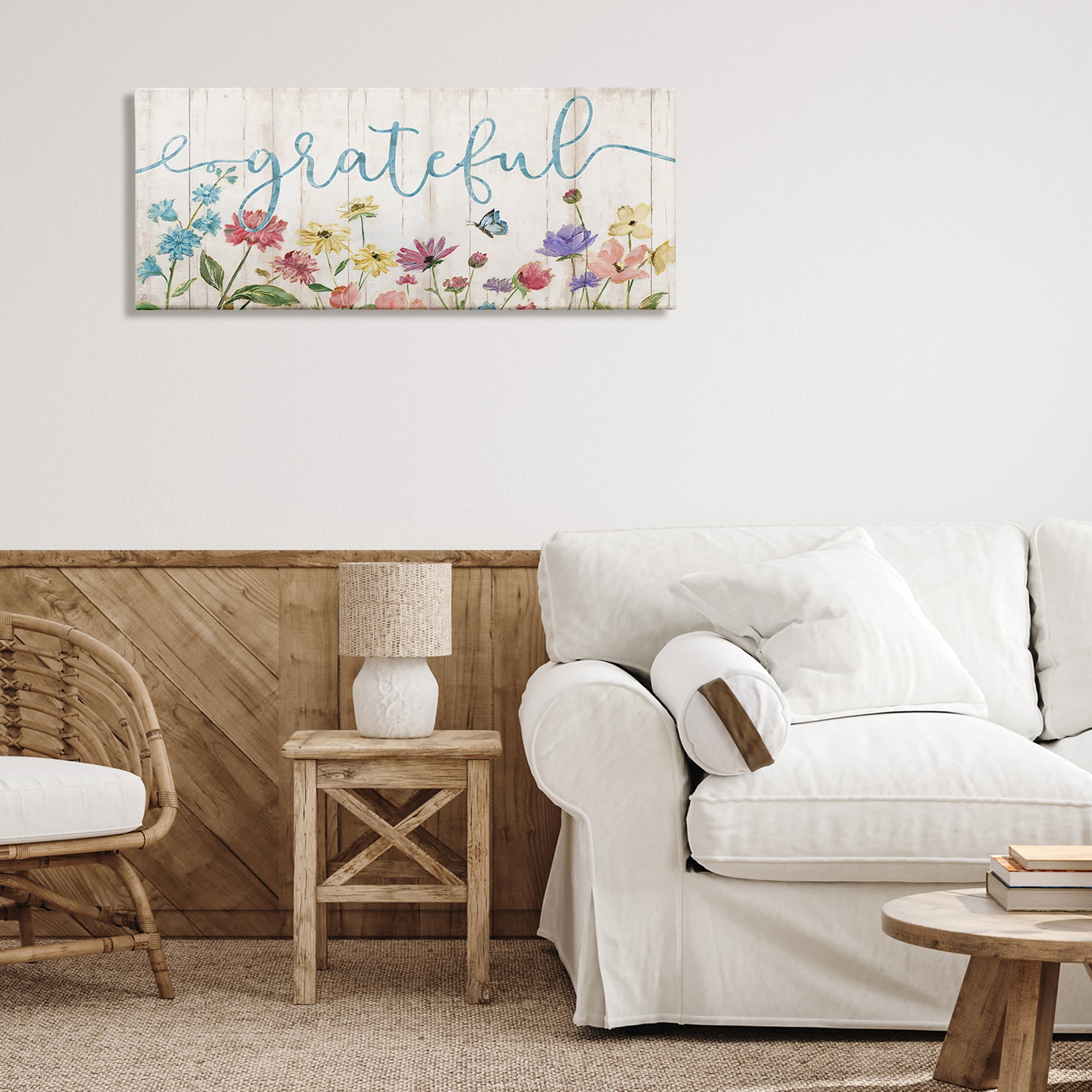 Stupell Industries Grateful Sentiment Spring Wildflower Garden Blue Butterfly Graphic Art Gallery-Wrapped Canvas Print Wall Art, 40x17, by Nan