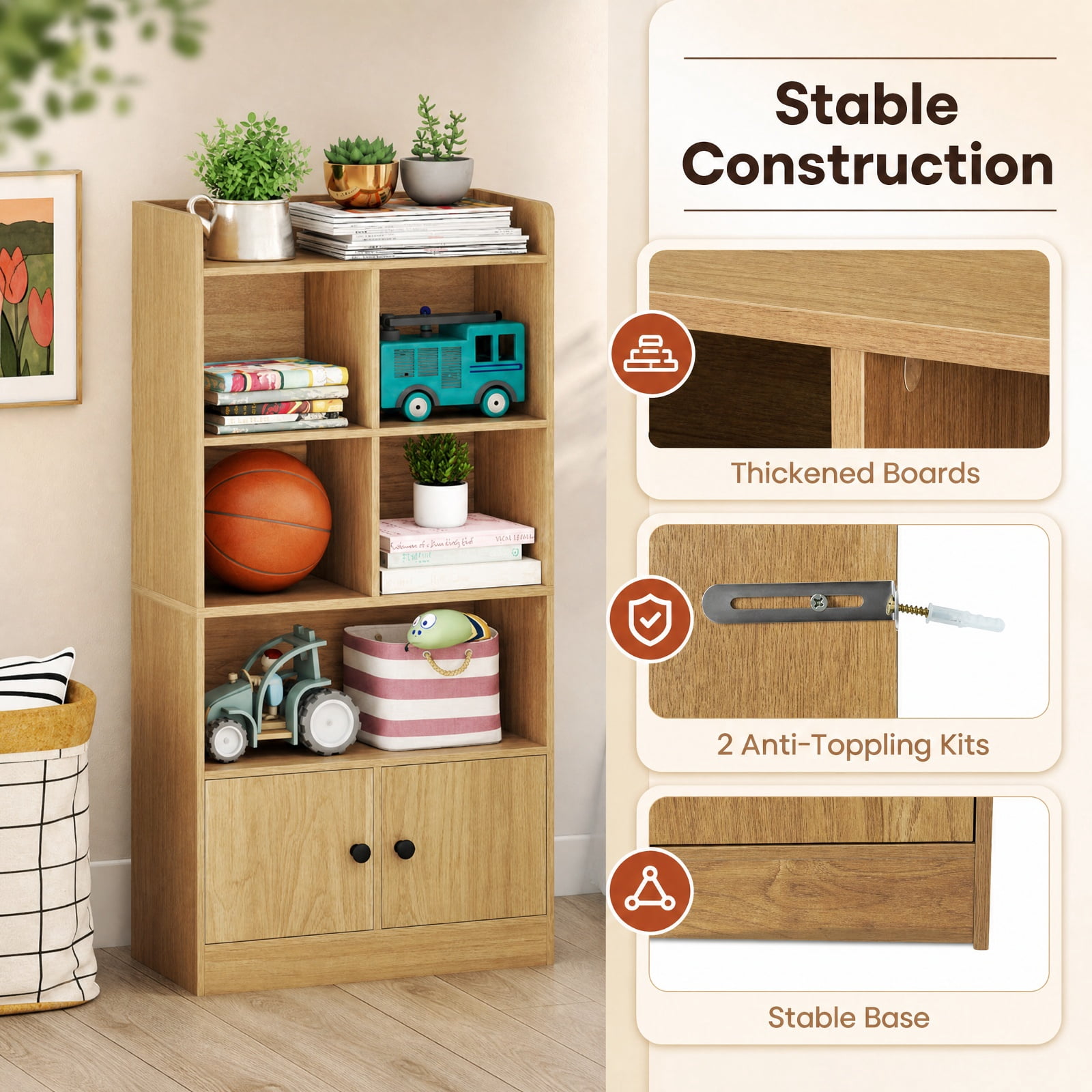 Furnibear 4 Tiers Bookshelf with 4 Cubes Display Shelf and 2 Doors for Living Room Home Office Bedroom Display Storage Shelf, Natural
