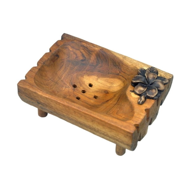 Jabonera de madera con patas elevadas y orificios de drenaje para fácil limpieza. Flor