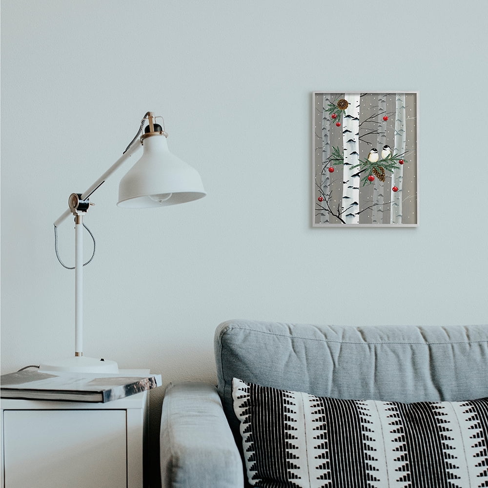 Stupell Indtries Birds and Holiday Ornaments Birch Tree Forest Gray Framed by Grace Popp