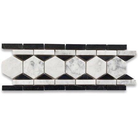 Carrara White Marble 2 inch Hexagon Mosaic Border Listello Tile Black White Edge Polished Kitchen Bath Wall Floor Backsplash Shower (1 Sheet)