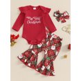 thumbnail image 3 of Baby Toddler Girl Christmas Outfit, 0 3 6 12 18 Months Letter Print Ruffle Long Sleeve Romper Santa Claus Plaid Flare Pants Headband 3 Piece Clothing Set, 3 of 9
