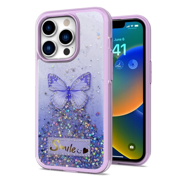 For iPhone 14 PRO Case Glitter Epoxy Diamond Studded Butterfly Hybrid Cover