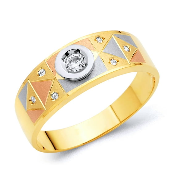 Wellingsale Men's Solid 14k Tri 3 Color Gold Polished CZ Cubic Zirconia Wedding Band - Size 8