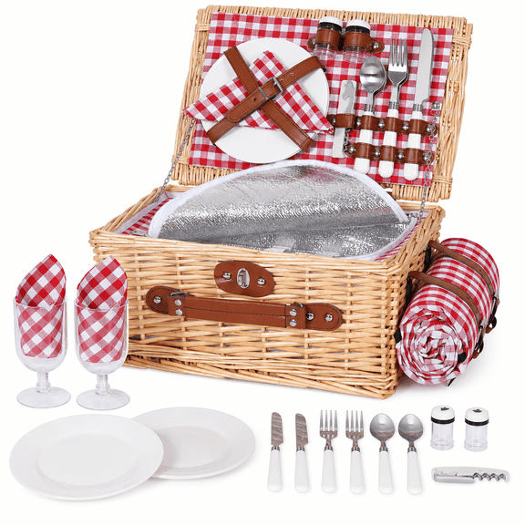 2-Person Wicker Picnic Basket Set with Waterproof Blanket, Insulated Liner, Cutlery Kit, Plates, Wine Glasses and Handmade Willow Hamper, Red