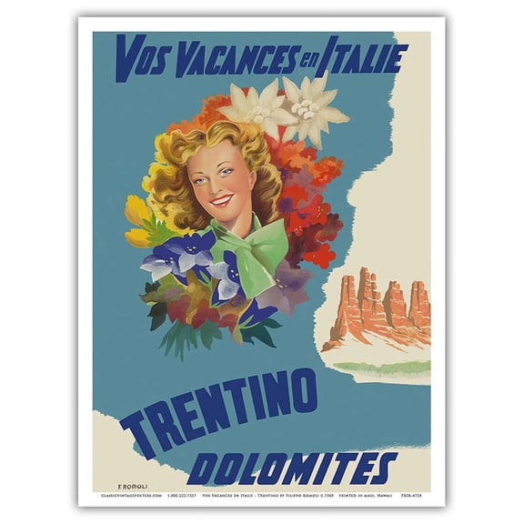 Trentino Italy - Dolomites Mountain Range - Vos Vacances en Italie (Your Holidays in Italy) - Vintage Travel Poster by Filippo Romoli c.1949 - Master Art Print (Unframed) 9in x 12in