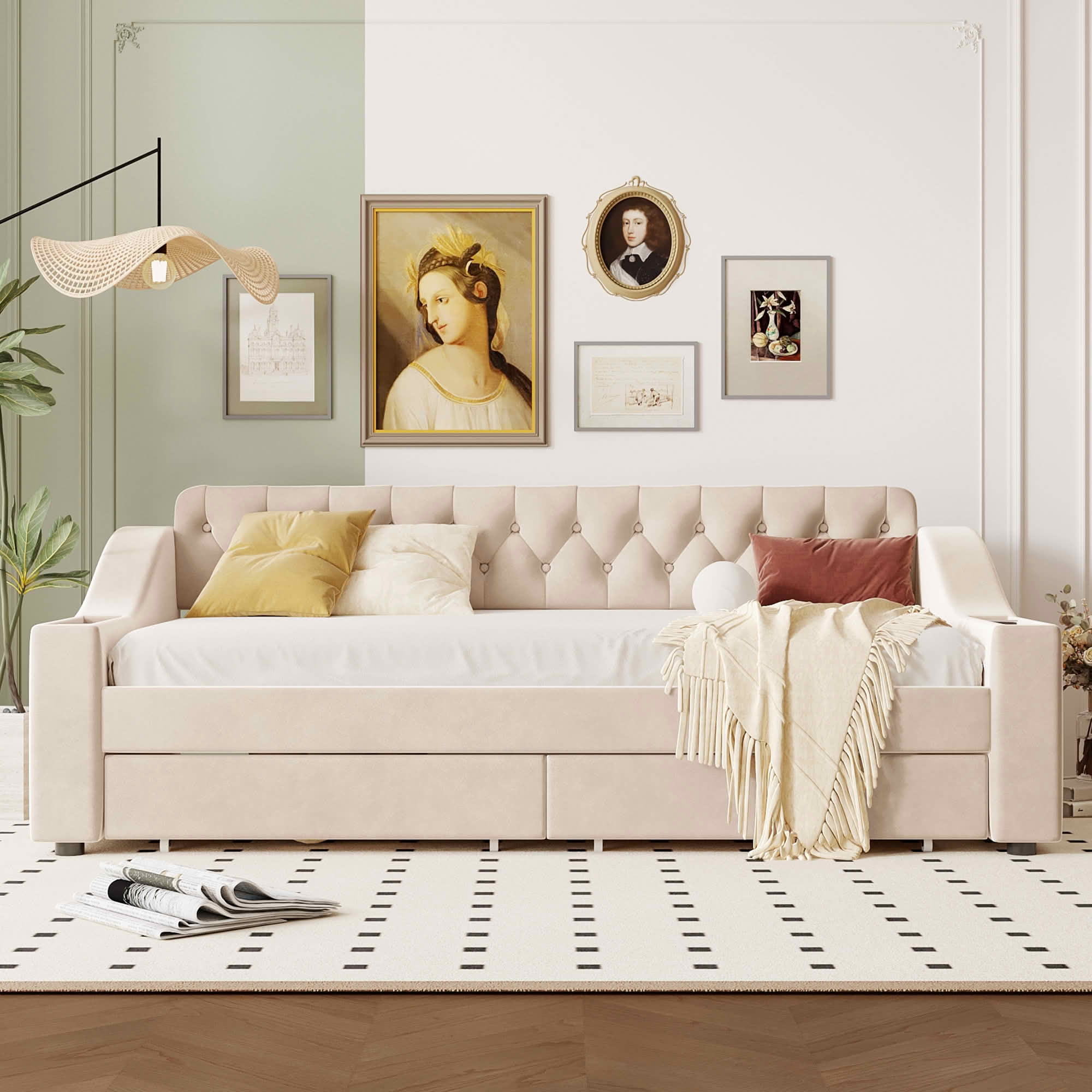 MAYEERTY Button-Tufted Velvet Daybed with 2 Storage Drawers, Dual USB Ports & 400lbs Sturdy Wooden Slat Frame, No Box Spring Needed & Easy Assembly