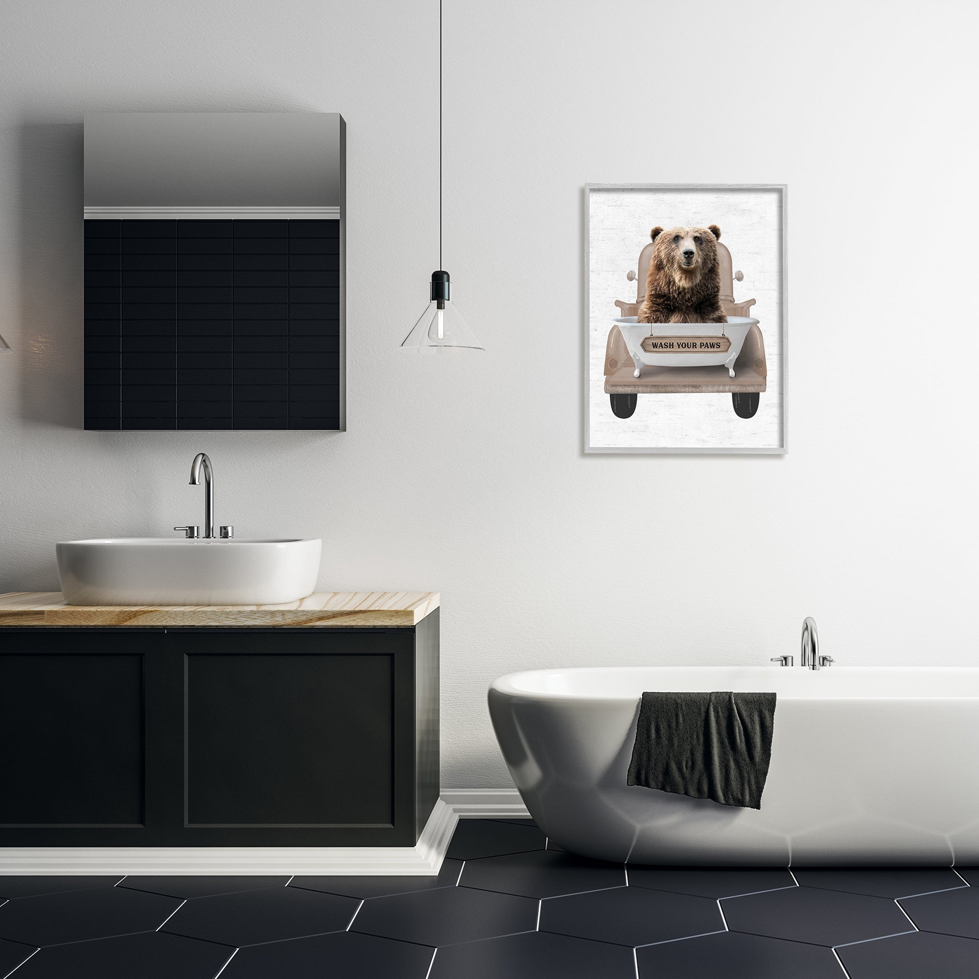 Stupell Industries Wash Your Paws Bear Animals & Insects Painting Gray Framed Art Print Wall Art, 24 x 30