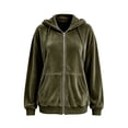 thumbnail image 4 of KHONTS Velvet Zip up Hoodie for Women Fashion Long Sleeve Hooded Sweatshirts Cozy Fall Winter Jackets Tops Army Green L, 4 of 5