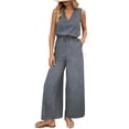 thumbnail image 3 of Womens Track Suits 2 Piece Set Boho Linen Jumpsuit Womens V Neck Sleeveless Wide Leg with Adjustable Drawstring Waist Long Romper Pants Gray L, 3 of 9