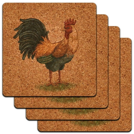Hen & Rooster Coasters Vintage Rooster on Floral Background Chicken Farm Bird Low Profile Cork Coaster Set ()