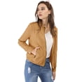 thumbnail image 3 of Chaqueta corta de motociclista con cuello alto Piel sintética asimétrica con cremallera frontal para mujer Kahki M, 3 of 6