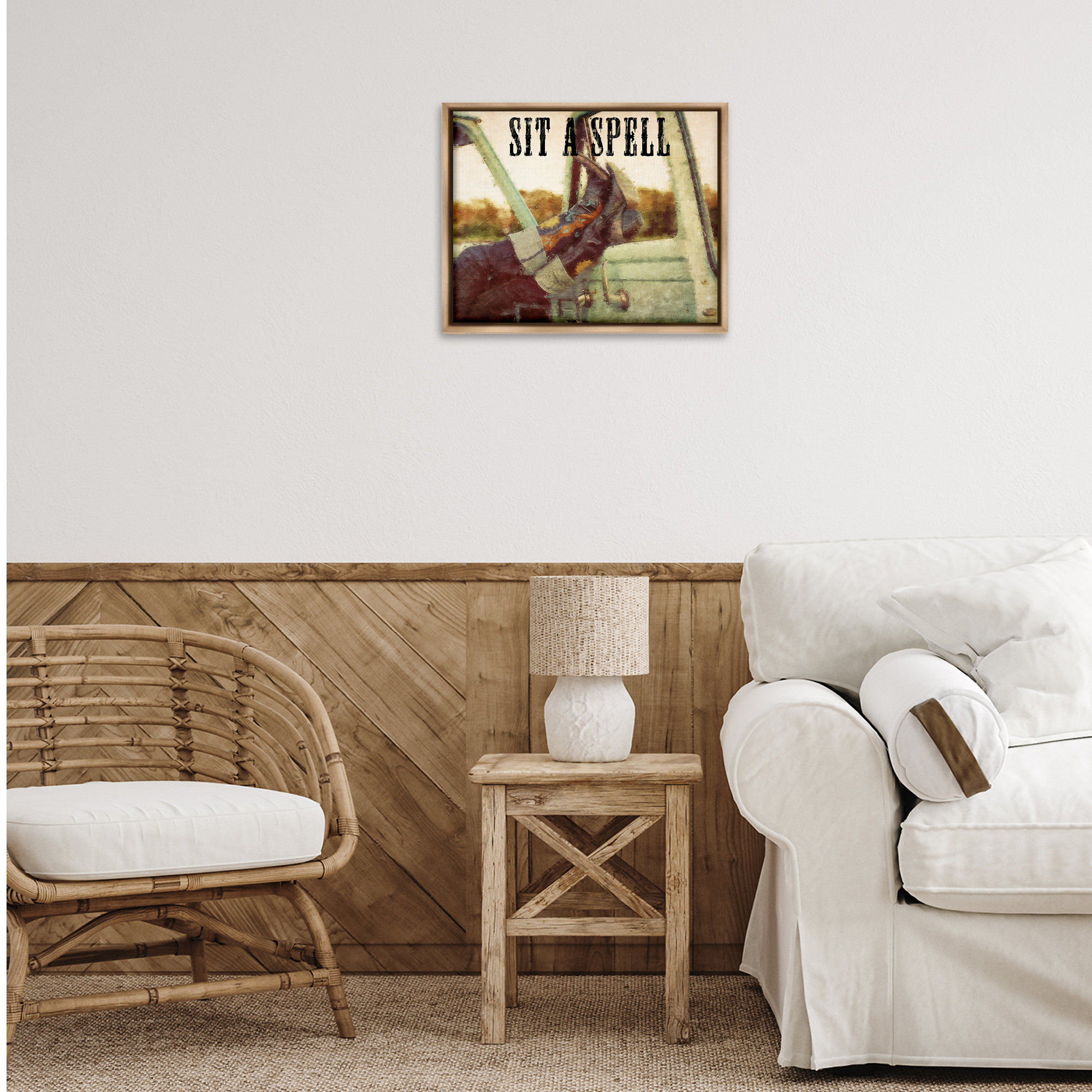 Stupell Industries Sit A Spell Cowboy Typography Painting Brown Floater Framed Art Print Wall Art, 21 x 17