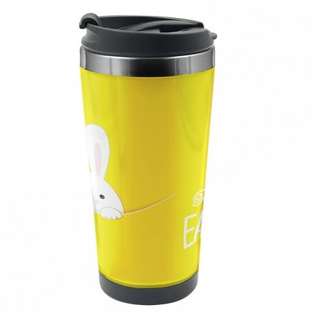

Yellow Travel Mug Easter Rabbit Bunny Steel Thermal Cup 16 oz by Ambesonne
