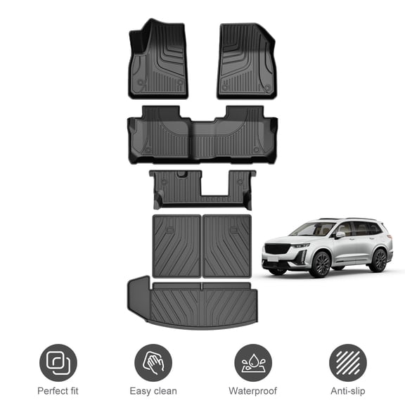 Fit For Cadillac XT6 2020-2026 7-Seater Floor Mats and Cargo Liner and Backrest Mat All Weather Protection TPE Waterproof Non-Slip Car Floor Mats 1st, 2nd, 3rd Row Set & Cargo Mat & Seat Back