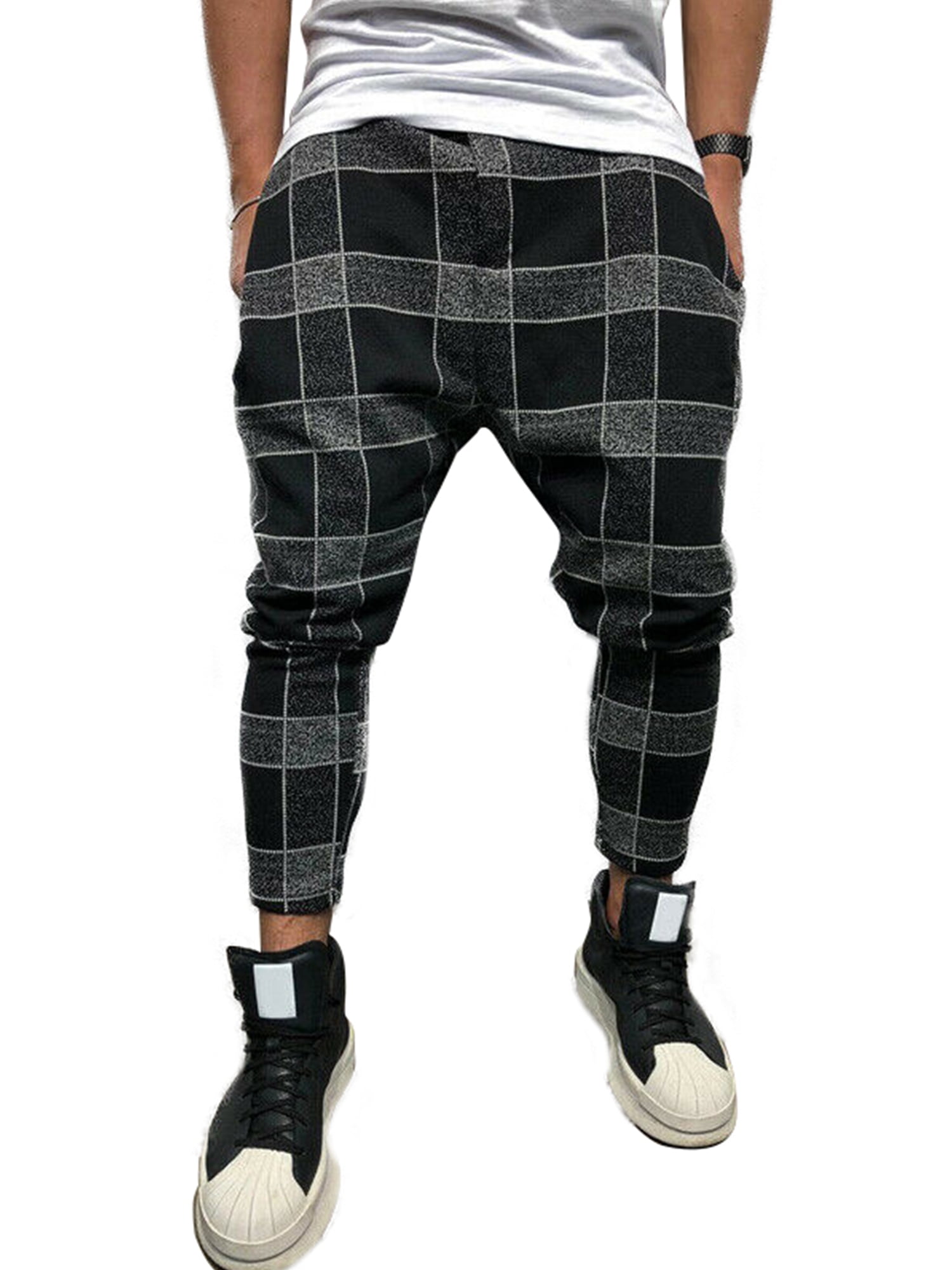 Lallc - Men's Plaid Sports Jogging Pants Slim Fit Casual Skinny Harem Running Trousers - Walmart
