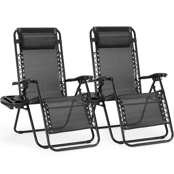 MCQ Zero Gravity Chairs, Set of 2 Portable Recliner Beach Camping Patio Outdoor Folding Lounge Chair with Cup Holder Trays and Adjustable Pillow, Black