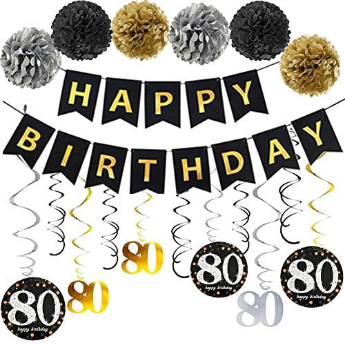 80th Birthday Party Decorations Kit, 80 Year Old Party Supplies Favors Décor for Women Men Gold Glitter Happy Birthday Banner Bunting Garland Poms Hanging Swirls for 80th Anniversary Decorations