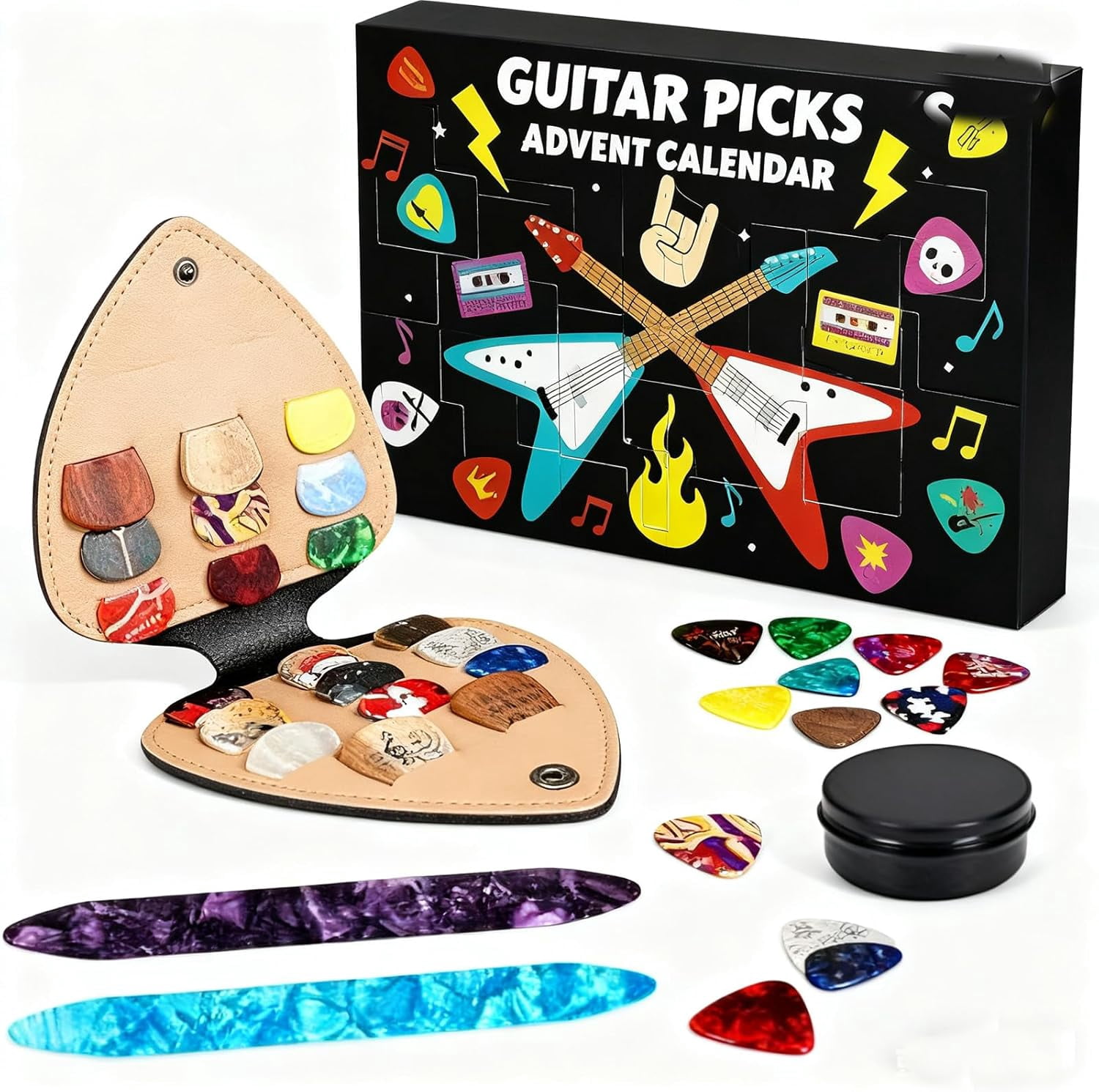 Guitar Picks Advent Calendars 2025, 24 Days Christmas Countdown Calendar With 20 Guitar Picks & Pick Case, Christmas Gift for Guitars, Bass, Ukulele Players
