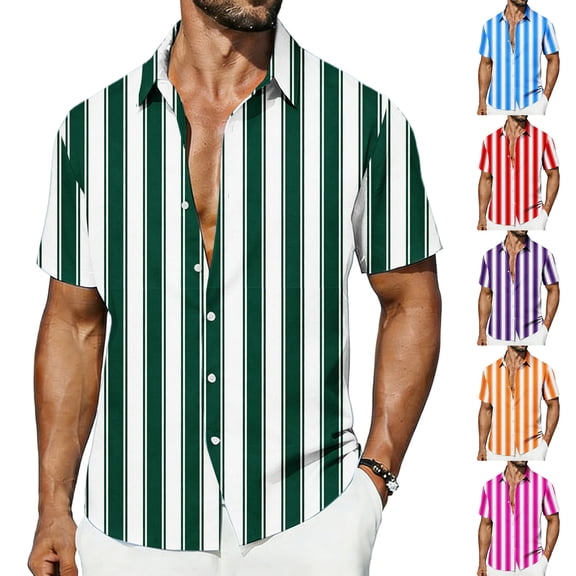 FNFYFH Mens Summer Striped Shirts Big and Tall Button Down Short Sleeve Shirt Vintage Beach Hawaiian Shirts