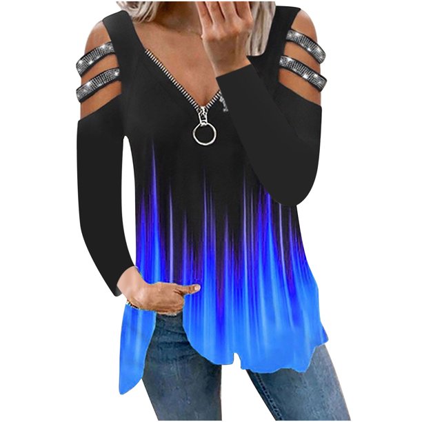 Blusa informal de manga larga con estampado degradado y cremallera suelta con cuello en V para mujer Pompotops gfhjh5128