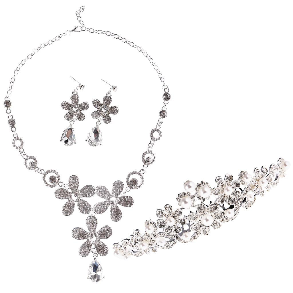 Bridal Wedding Party Jewelry Set Crystal Rhinestone Necklace & Earrings & Tiara 