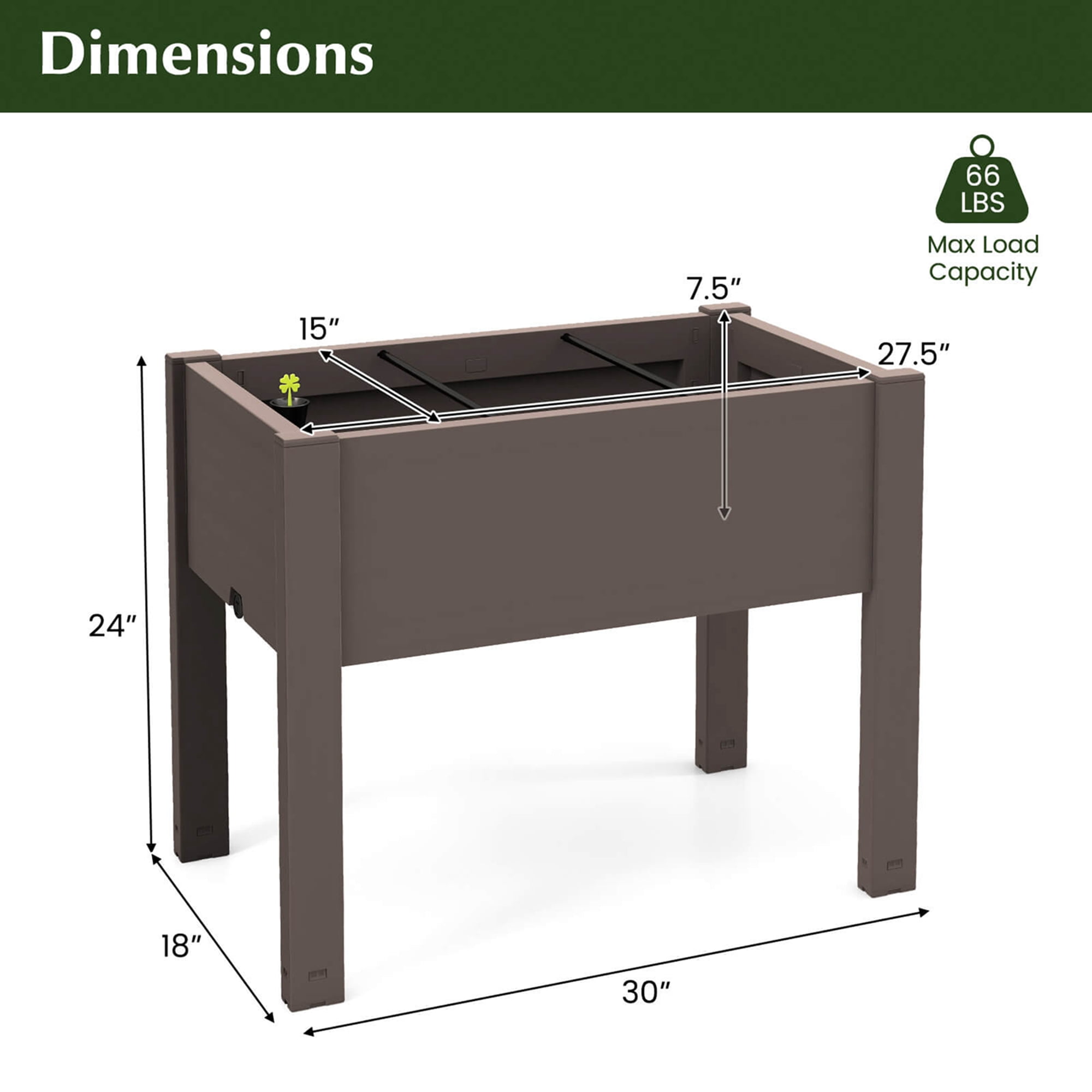 Costway Raised Garden Bed with Water Level Indicator Drainage Hole for Vegetables Outdoor Coffee