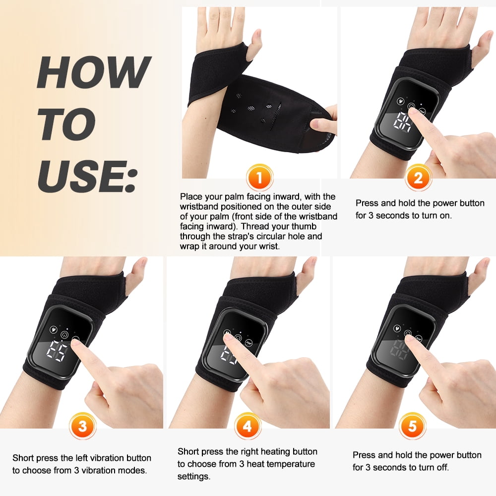 ROMYSE Cordless Wrist Heating Pad for Tendonitis & Carpal Tunnel Relief – Rechargeable Heated Wrist Brace with 3 Heat & 3 Vibration Modes, Electric Hot Compress Wrist Wrap,2PCS