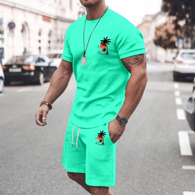 Costumes pour Hommes - / Costume d'Athlétisme 2024 pour Hommes Grande Taille Manches Courtes Col Rond Ensemble de Sport Décontracté Petit Imprimé Noix de Coco