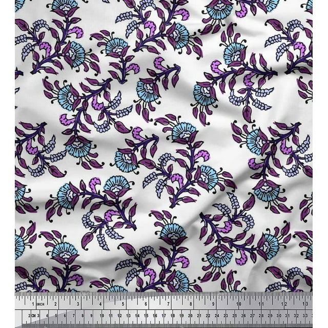 Soimoi Poly Georgette Fabric Leaves & Floral Block Print Sewing Fabric Yard 42 Inch Wide