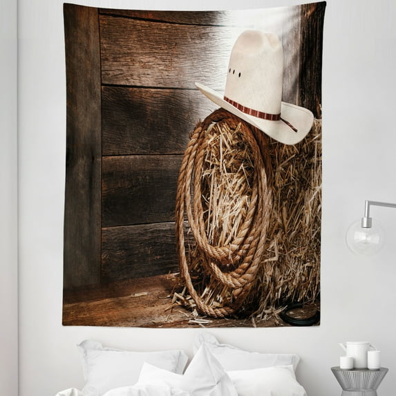 Western Tapestry, American West Rodeo Hat Traditional Ranching Robe on Wooden Ground Folk Art Photo, Fabric Wall Hanging Decor for Bedroom Living Room Dorm, 5 Sizes, Brown Beige, by Ambesonne