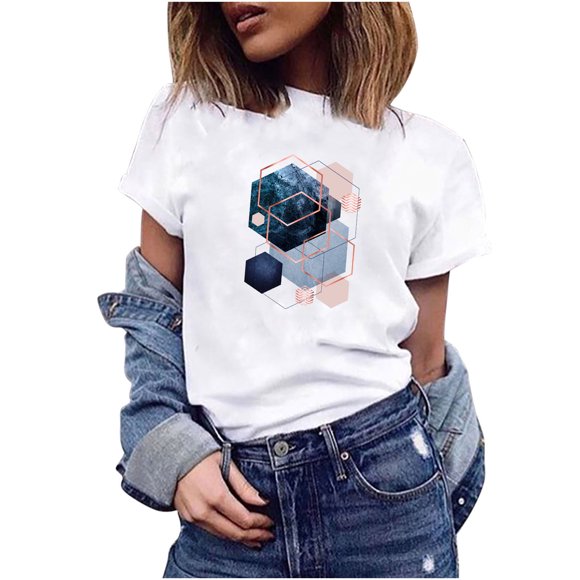 Womens Fashion Geometric Graphic Print HarAjuku Female Round Neck Loose T-shirt
