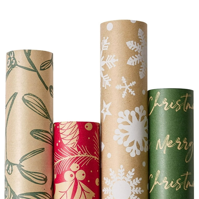 Rollos de papel kraft navideño de YANGTE, 43 x 305 cm, paquete de 4