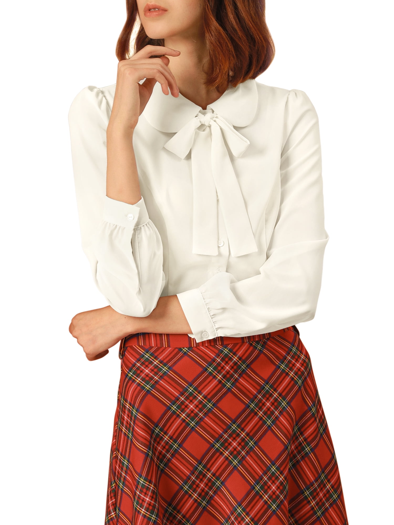 DARING DIVA Pan Collar Bow Tie Neck Work Office Shirt S White