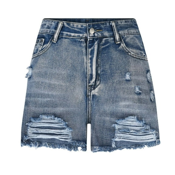 fartey Womens Denim Shorts 2025 Summer Destroyed Holes Pockets Jeans Short with Button Zipper High Waist Casual Comfy Shorts