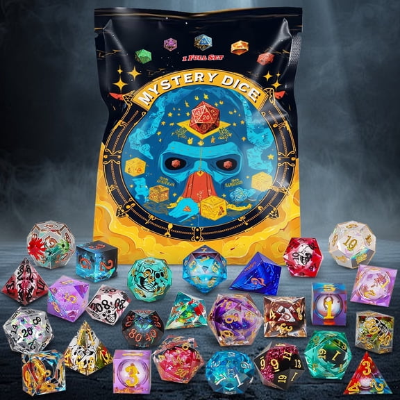 CiaraQ Resin Mystery Dice Set, 7 Pcs Handmade Sharp Edge Polyhedral Dice, Random Various Styles DND Dice & Dice Bag, DND Gifts,